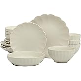 Gibson Elite Malibu Shore 16 Piece Scallop Stoneware Reactive Glaze (Service for 4) Ceramic Plates and Bowls Dinnerware Set - Cream White