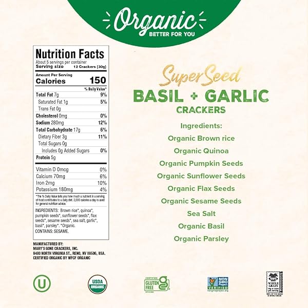 MARY’S GONE CRACKERS SUPER SEED CRACKERS, ORGANIC PLANT BASED PROTEIN, GLUTEN FREE, BASIL & GARLIC, 5.5 OUNCE (PACK OF 1)