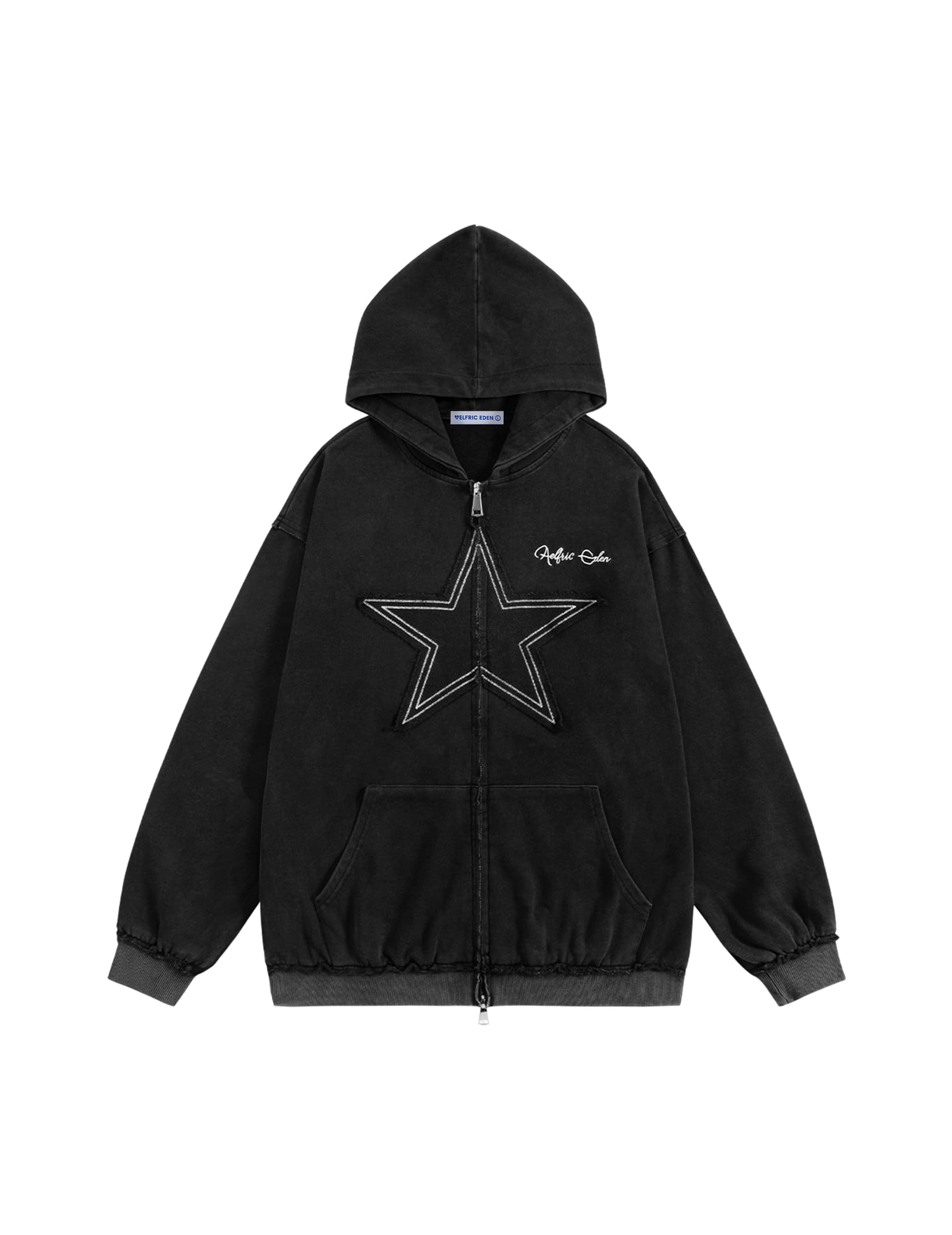 Photo 1 of Aelfric Eden Star Zip Up Hoodie Vintage Washed Oversized Graphic Hoodies Streetwear Hooded Sweatshirts Jackets Unisex Black Medium