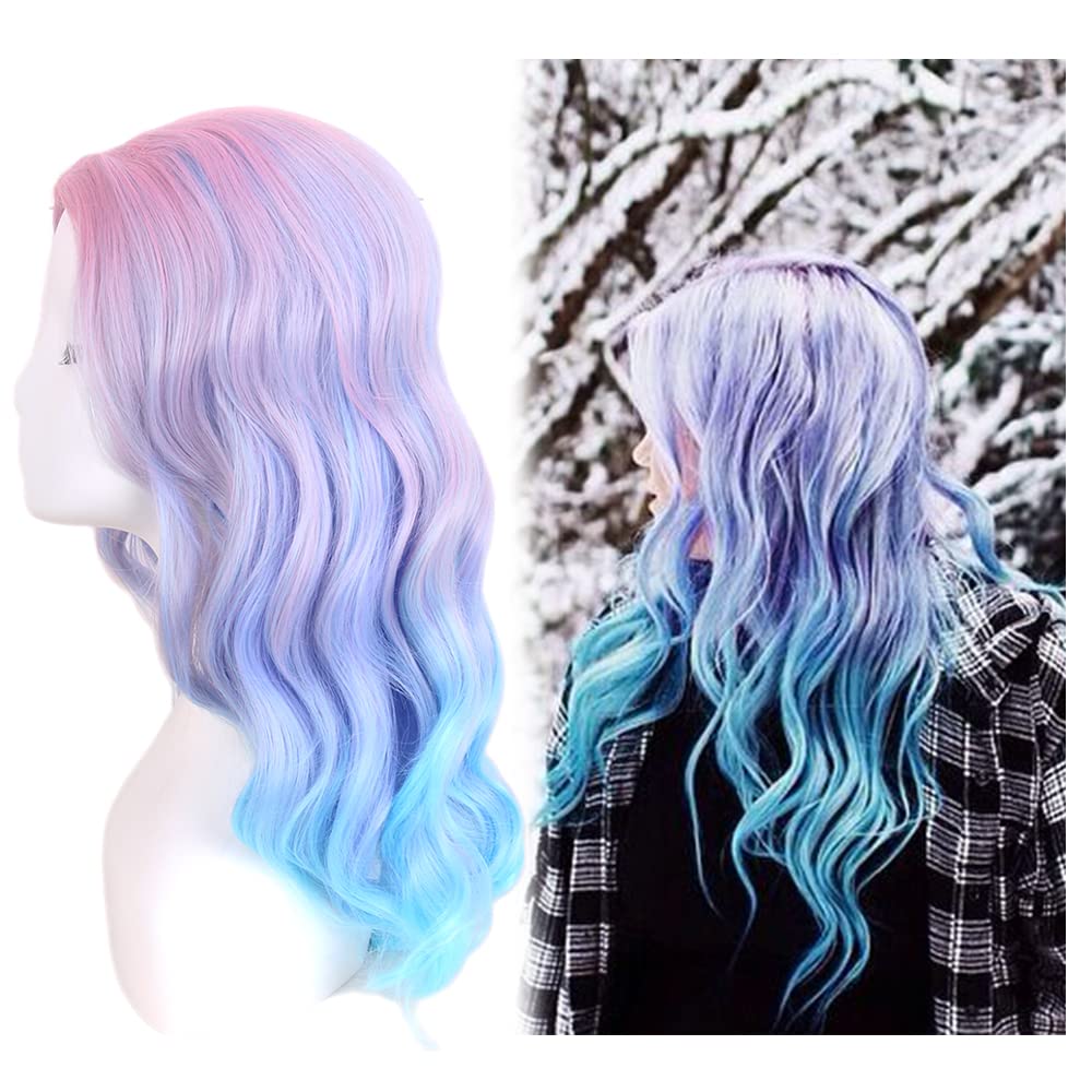 REEWES Long Pastel Curly Wigs for Women Heat Resistant Hair Natural Wigs for Daily Cosplay Costume Party Carnival (Ombre Pink Blue)