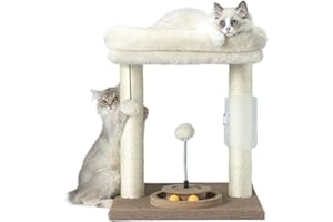 PAWSFANS Cat Tree Scratching Post,Small Cat Tower with Perch Bed Scratch for Indoor Cats and Kittens Scratcher.Track Toy Hanging Ball Bursh Beige