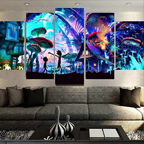 Canvas Wall Art Modular Pictures Home Decor 5 Pieces Rick and Morty Paintings Living Room HD Printed Animation Posters,Framed,150x80cm(Large)