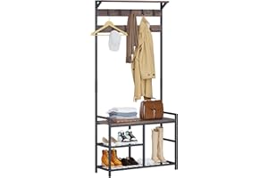 HOMEKOKO Coat Rack Shoe Bench, Hall Tree Entryway Bench with Storage, Wood Look Accent Furniture with Metal Frame, 3-in-1 Design (Dark Brown)