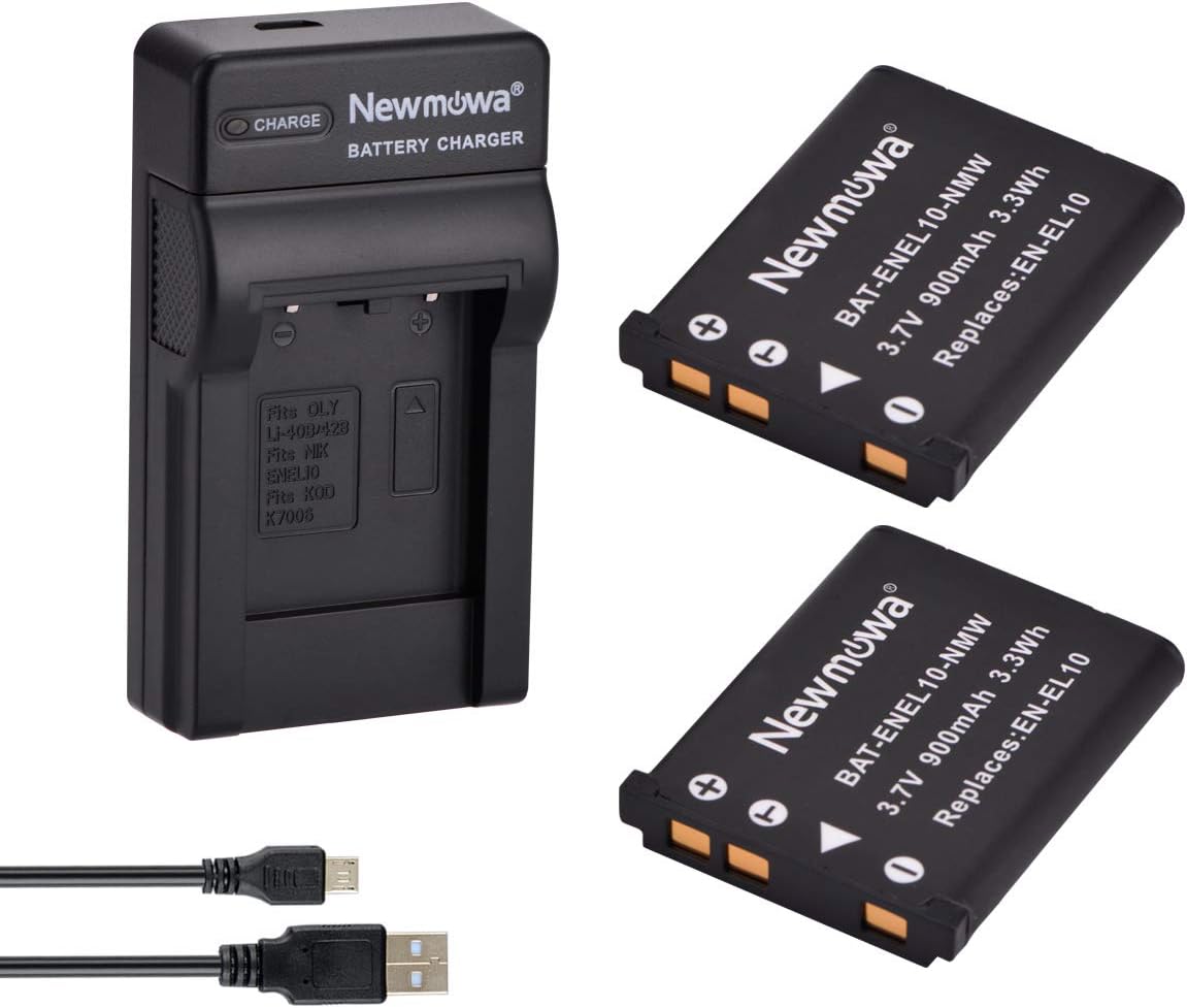 Newmowa Replacement EN-EL10 (2) Battery and Micro USB Portable Charger Kit for Nikon Coolpix S60, S80, S200, S202, S203, S205