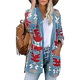 FERBIA Women Boho Cardigan Aztec Open Front Loose Slouchy Sweaters Tribal Long Sleeve Knitted Christmas Jacket Coat