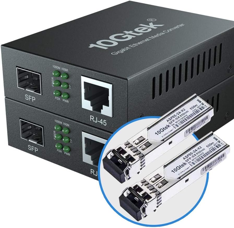 10Gtek 2 Pack Gigabit Ethernet Media Converter with 1Gb SFP SX LC Module 550m