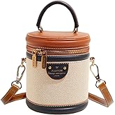 RTGGSEL Retro Canvas Bucket Bag Color Contrast Cylinder Purse for Women Shoulder Crossbody Handbag with Zipper