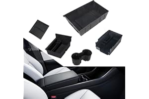 Carwiner 5 PCS Center Console Organizer Tray Compatible with 2021-2023 Tesla Model Y, Cup Holder and Under Seat Storage, Flocked/Silica Rubber Armrest Hidden Drawer Storage Box Interior Accessories