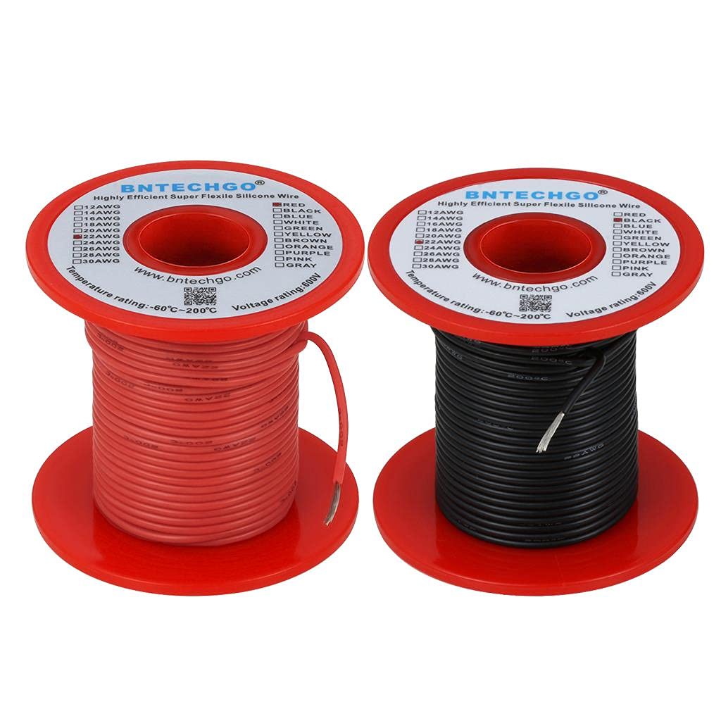 BNTECHGO 22 Gauge Silicone Wire Spool 200 ft Ultra Flexible High Temp 200 deg C 600V 22 AWG Silicone Wire 60 Strands of Tinned Copper Wire 100 ft Black and 100 ft Red Stranded Wire for Model
