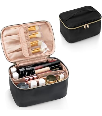 best travel makeup bags on amazon Amazon.com: BAGSMART Makeup Bag Travel Cosmetic Bag, Large Make Up Bag Flat  Open Toiletry Bag for Women, PU Leather Travel Essentials Organizer Case,  Wide-open Pouch Purse for Skincare, Brushes, Classic Brown :
