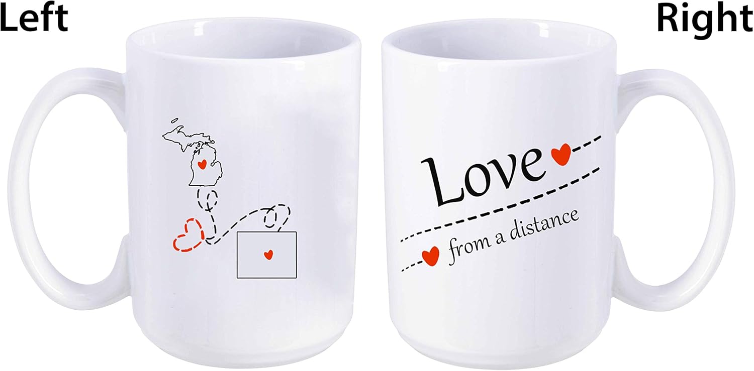 Amazon Com Love From A Distance Michigan State Wyoming State Mi Wy Long Distance Relationship Gift For Long Distance Couples Friends And Family Coffee Mug Tea Cup 15 Oz Kitchen Dining