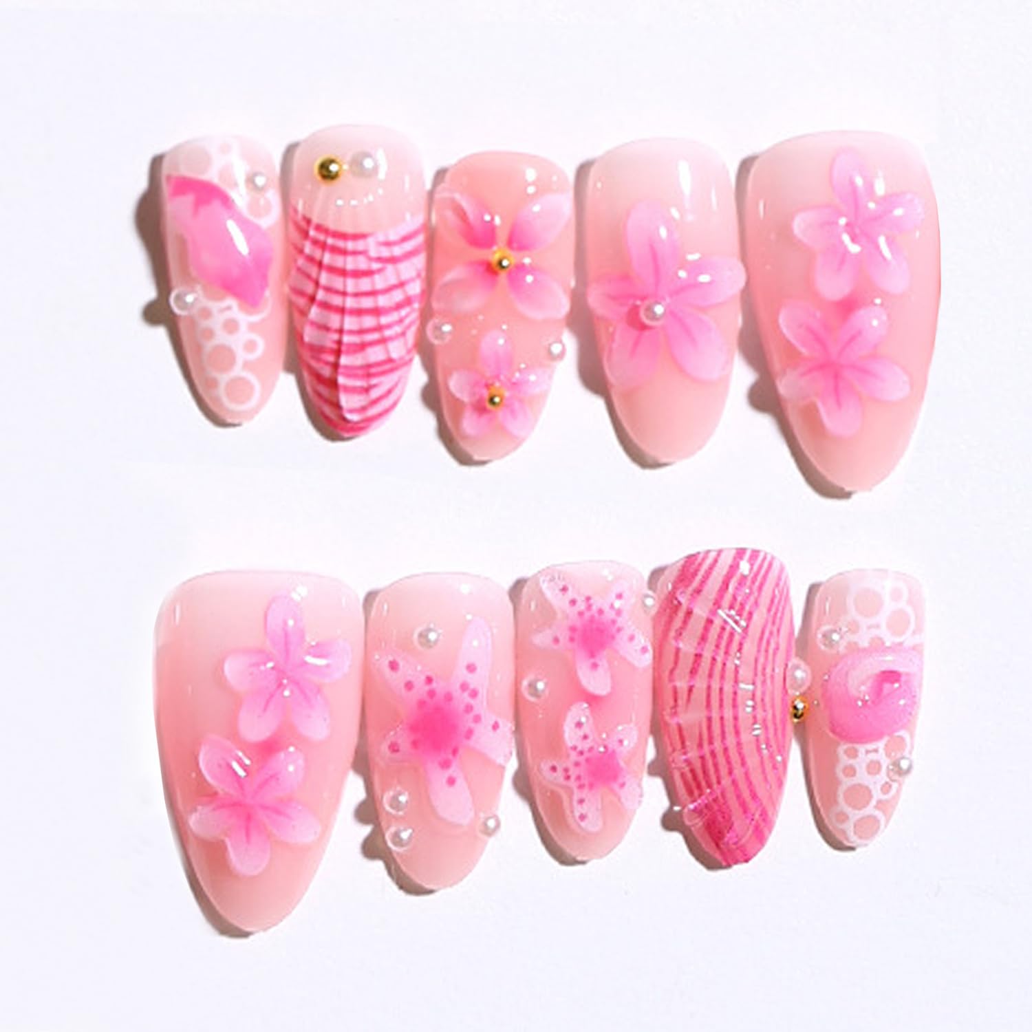 Photo 1 of 30Pcs Flower Press on Nails Medium Almond Fake Nails with 3D Pearl Floral Designs Pink False Nails Stick on Nail Summer Ocean Beach Acrylic Nails Flowers and Pearls Glue on Nail for Women