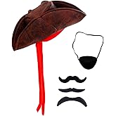 Cossneer Pirate Hat Men Halloween Pirate Costume Accessories with Eye Mask Beard for Cosplay Party