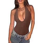 REORIA Bodysuits for Women Halter Tops 2025 Summer V Neck Backless Body Suits Tank Top Trendy Fashion Clothing
