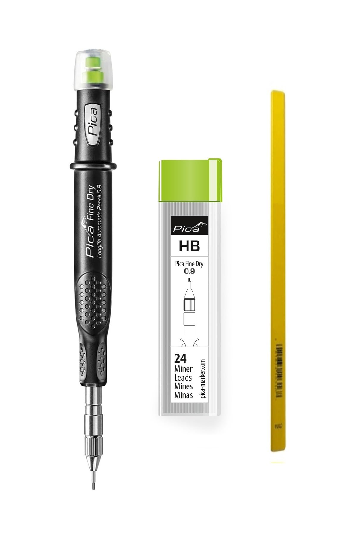 ADAM DEALS Pica Fine-Dry 0.9 Deep Hole Marker Pencil 7070 + 24 Replacement Graphite Leads HB 7030 + Standard Yellow Carpenter Pencil