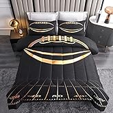 Helloosuu Boys Comforter Set, Twin Size, Football Themed, 3 PCS Including 1 Comforter & 2 Pillowcases, All Season Use, Black and Gold