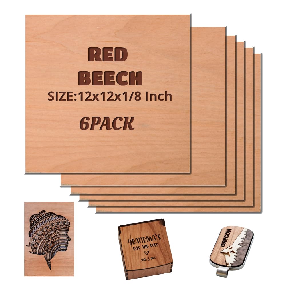 Uadme Plywood Sheets 3mm, 30 x 30cm Unfinished Wood DIY Craft Project Ply Board, Wooden Large Flat Sheet for Laser Engraving, Woodcraft Model, Crafts, Painting (Red Beech)