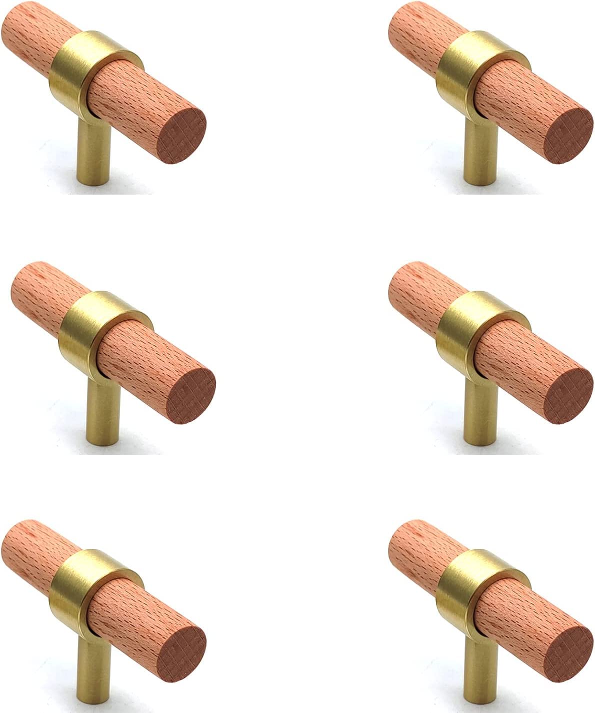 SYZOW 6 Pack Wood Cabinet Pulls 3-3/4" Hole Center Wood Cabinet Pulls Gold Brass Base Drawer Pulls for Cabinets Wardrobe Dresser, 5-1/2" (140mm) Overall Length (Wood Color, Single Hole) — image 1