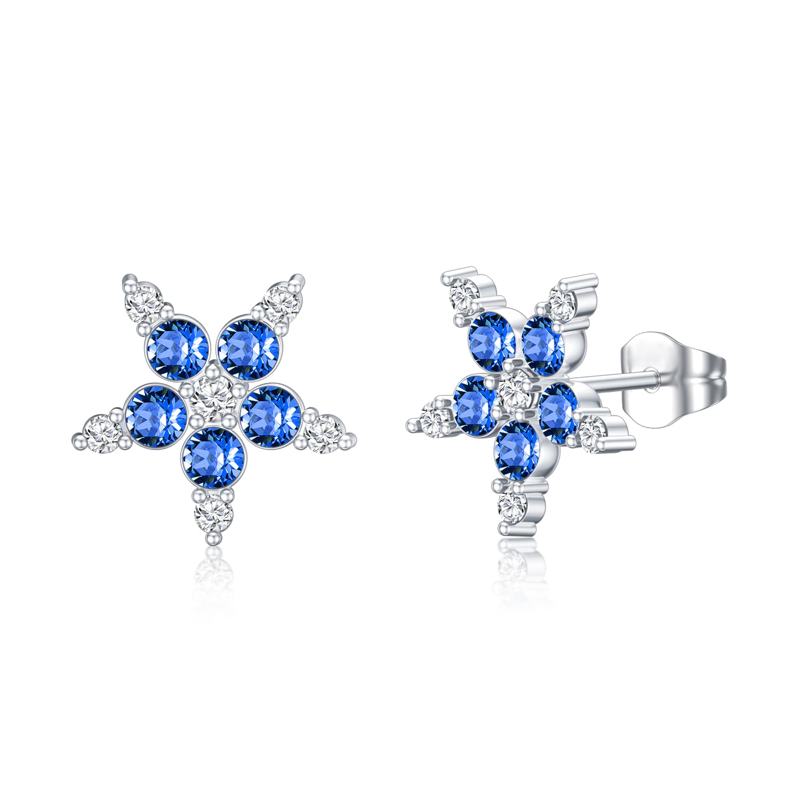 YDD White Gold Crystal Earrings Studs for women 9ct Blue Crystal Studs Earrings Birthstone Flower Earrings Birthday/Valentine Day Gift for Girlfriend Wife Ladies Her