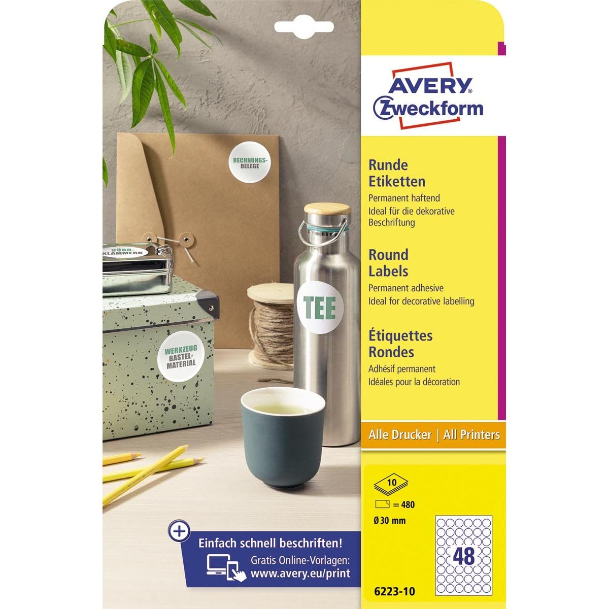 AVERY Zweckform 6223-10 Round Labels (480 Adhesive Dots, Diameter 30 mm, White) 10 Sheets