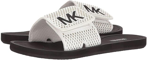 Amazon.com | Michael Michael Kors Womens MK Slide Lasered Mini Open, White/Black, Size 7.0 | Sandals