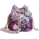 Alipher Sequins Bucket Bag Chinese Retro Crossbody Bags Embroidered Flowers Chain Handbag For Travel Daily Shopping 1PCS