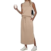 GRECERELLE Two Piece Skirt Sets for Women Sleeveless Mock Neck Top Split Maxi Skirt Vacation Travel Matching Set with Pockets