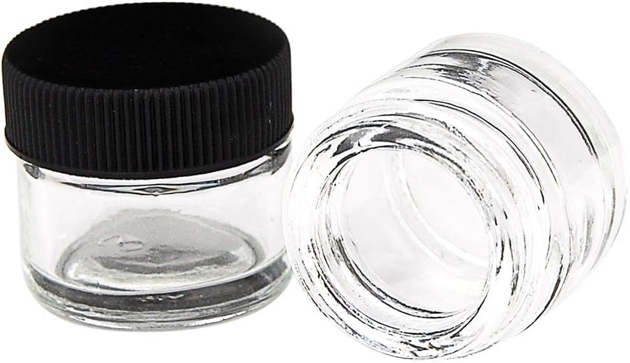 Glass Jars for health & cosmetics : 1"x1" / 5ml small pots screw top lids black cap thick heavy weighted glass wholesale retail resell jewelers gems