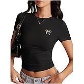 SOLY HUX Women's Crop Tops Y2K Short Sleeve Shirts Cute Bow Embroidery Tee Shirts Summer Tops