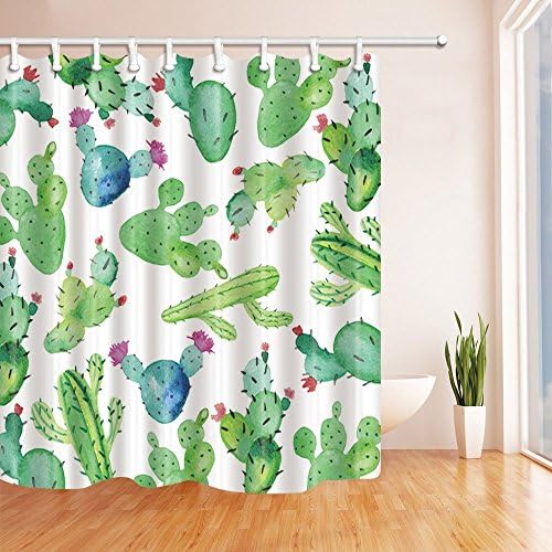 GoEoo Cartoon Prickly Pear Cactus with Flower Shower Curtains for Bathroom Polyester Fabric Waterproof Bath Curtain Shower Curtain Hooks Included Green