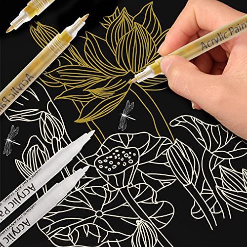 Paint Pens Gold Silver White, 6 Pack Acrylic Paint Markers Set for Wood Rock Plastic Leather Glass Metal Canvas Ceramic DIY Crafts Making, 0.7mm Medium Tip Water-based Acrylic Markers Sets (3 Colors)