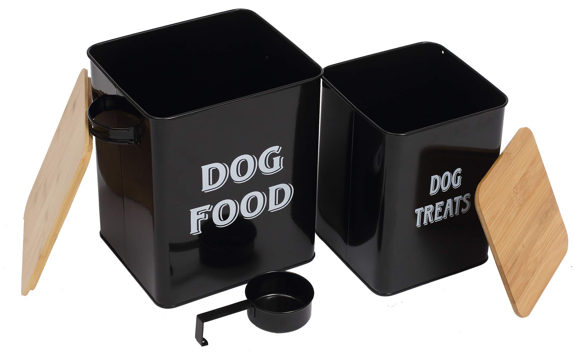 Pet Food and Treats Containers Set with Scoop for Cats or Dogs - Beige Powder-Coated Carbon Steel - Tight Fitting Wood Lids - Storage Canister Tins - Dog Food - Black