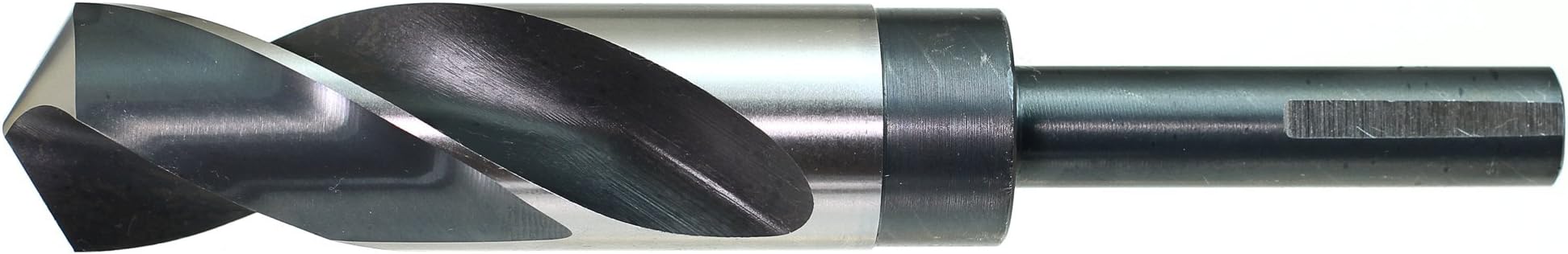 Drillco 1000E Series High-Speed Steel Reduced-Shank Drill Bit, Uncoated (Bright)/Black Oxide Finish, Round Shank with Flats, Spiral Flute, 118 Degree Conventional Point, 45/64" Size