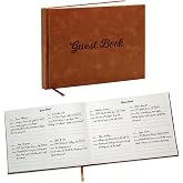 Modern Album Designs Brown PU Leather Guest Book - 9.5 x 7 Embossed Guestbook with Name Address Message Lines for Wedding Funeral Retirement Party, 140 GSM Paper, 120 Pages