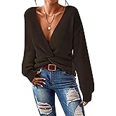 Pink Queen Women's 2025 Casual Pullover Sweaters Sexy V Neck Long Sleeve Twist Knot Cropped Knit Sweater Tops