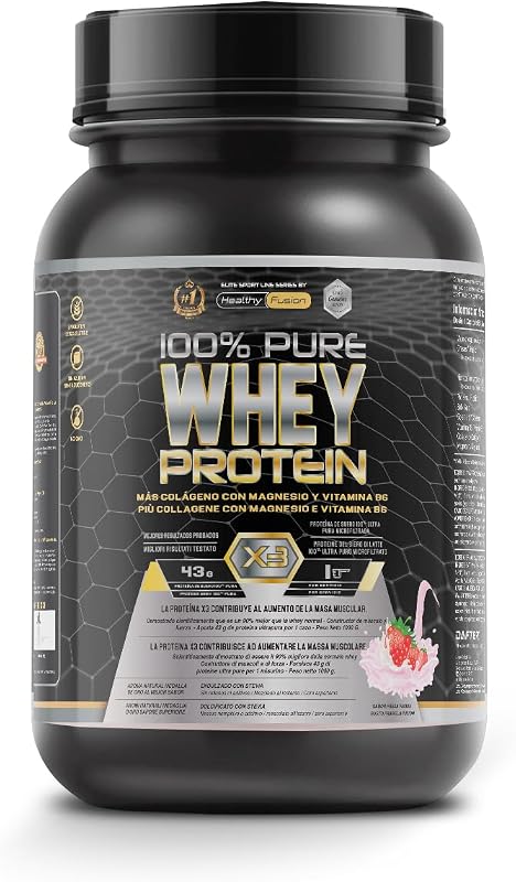 Whey Protein Healthy Fusion | Proteína pura con Colágeno, Magnesio y Vitamina B6 | 43g proteína + 9g BCAA | Mejora tus entrenamientos, aumenta masa muscular y fortalece articulaciones | 1 kg