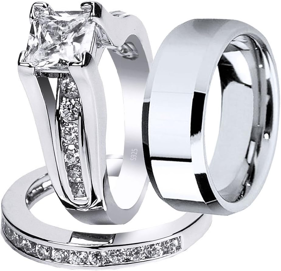 Wedding Ring Sets Couples Rings Women's Sterling Silver Princess CZ Men’s Stainless Steel Bands