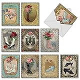 M6637OCB Vintage Kicks: 10 Assorted Blank All-Occasion Note Cards Featuring Victorian Style Footwear Collaged with Flowers and Ornate Frames, w/White Envelopes.