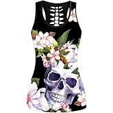 Sister Amy Women's Skull Print Hollow Out T-Shirt Crew Neck Plus Size Tank Top