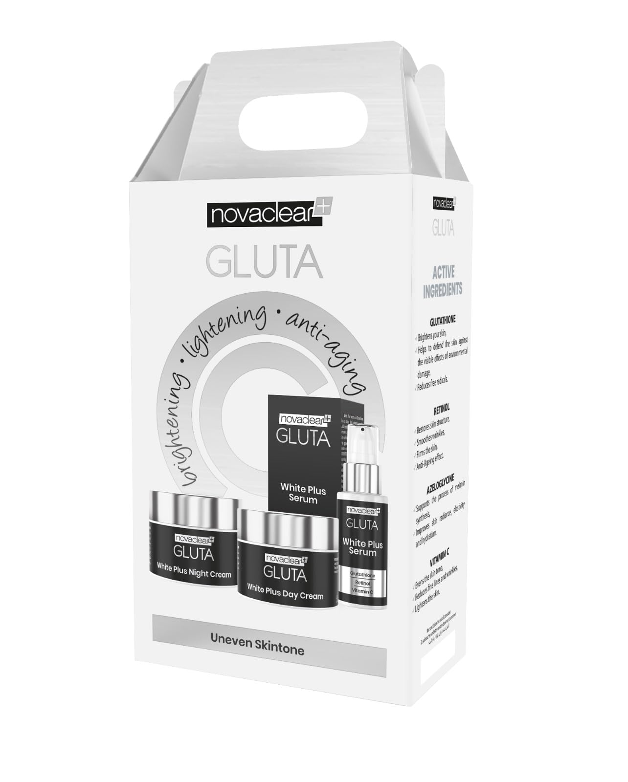 Novaclear Gluta White Plus Set – White Plus Serum, Day Cream & Night Cream with Glutathione & Retinol for Dark Spots, Even Skin Tone & Anti-Aging Skincare Routine