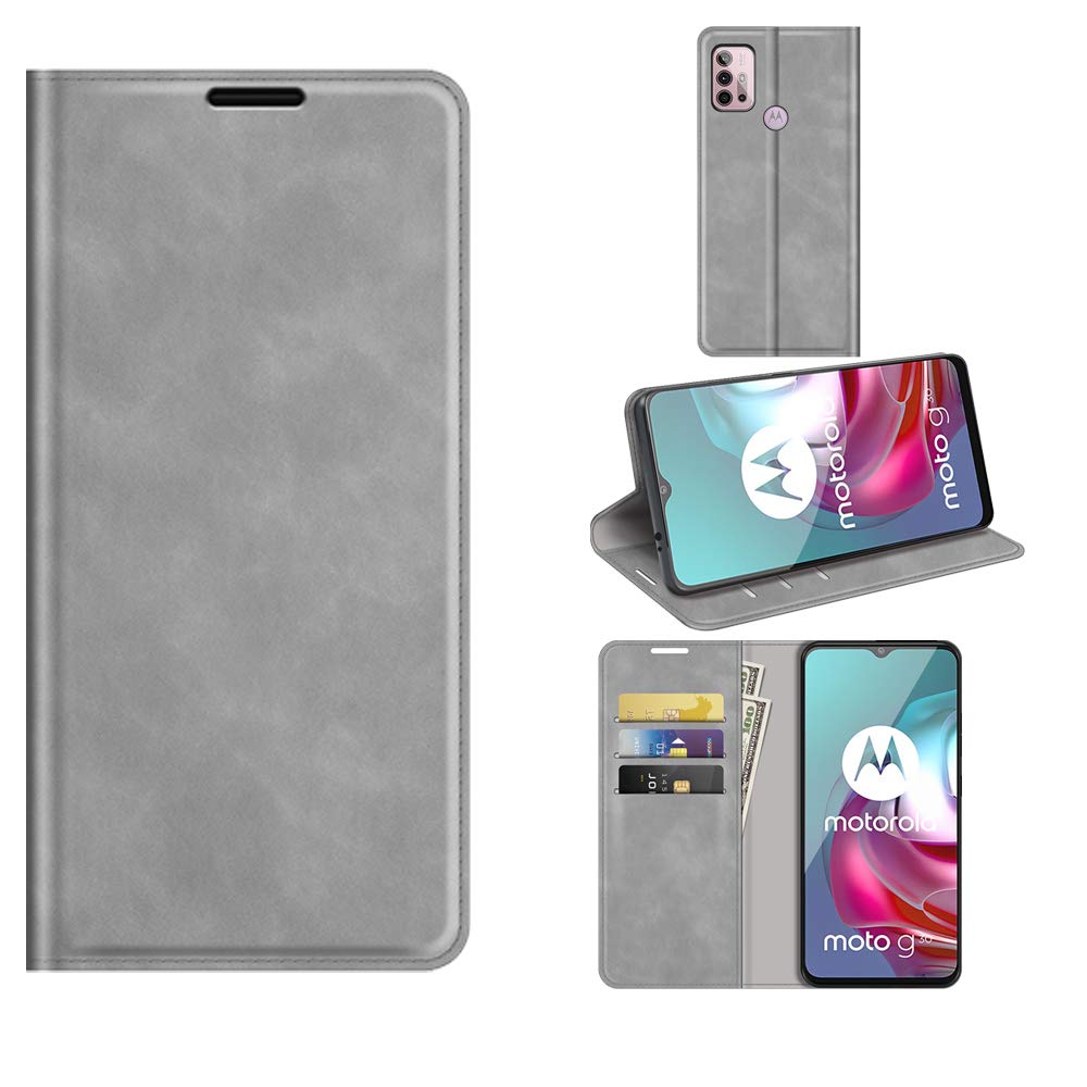 ROVLAK Case for Moto G30 Magnetic Wallet Flip Cover with Card Slot Shockproof PU Leather Case+Inner TPU Silicone Case with Stand Cover for Moto G30 Smartphone,Gray