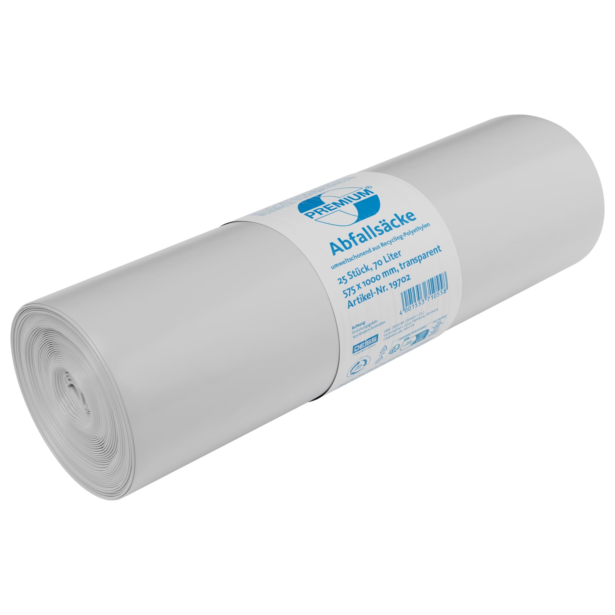 Deiss Premium Bin Liners, White or Transparent, 70 Litres or 120 Litres, Type 60, Transparent, 1