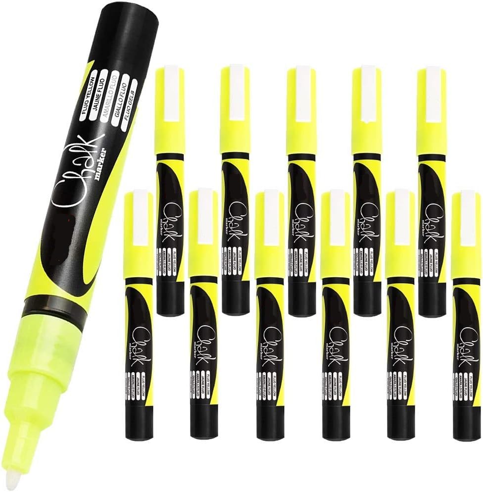 12 x Uni-Ball Wet Erase Liquid Chalk Marker Pens For Glass (Windows & Mirrors), Whiteboards, Signs And Non-Porous Blackboards (0.9-1.3mm Bullet Tip) - FLUORESCENT YELLOW
