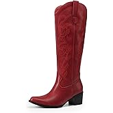 DREAM PAIRS Womens Cowboy Boots Western Comfortable Chunky Heel Square Toe Embroidered Cowgirl Knee High Boots