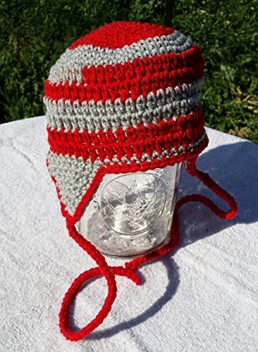 Hand Crocheted Baby to Toddler Football Helmet Ear Flap Hat, red and gray (Ohio State, Tampa Bay, Washington College, Northeastern, Montana, Colorado, Las Vegas, Lynchburg)