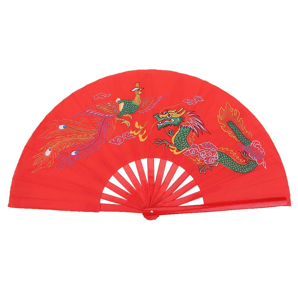 Dilwe Tai Chi Fan, Chinese Kung Fu Dance Performance Bamboo Folding Fan, Double Dragon Hand Fan, Red