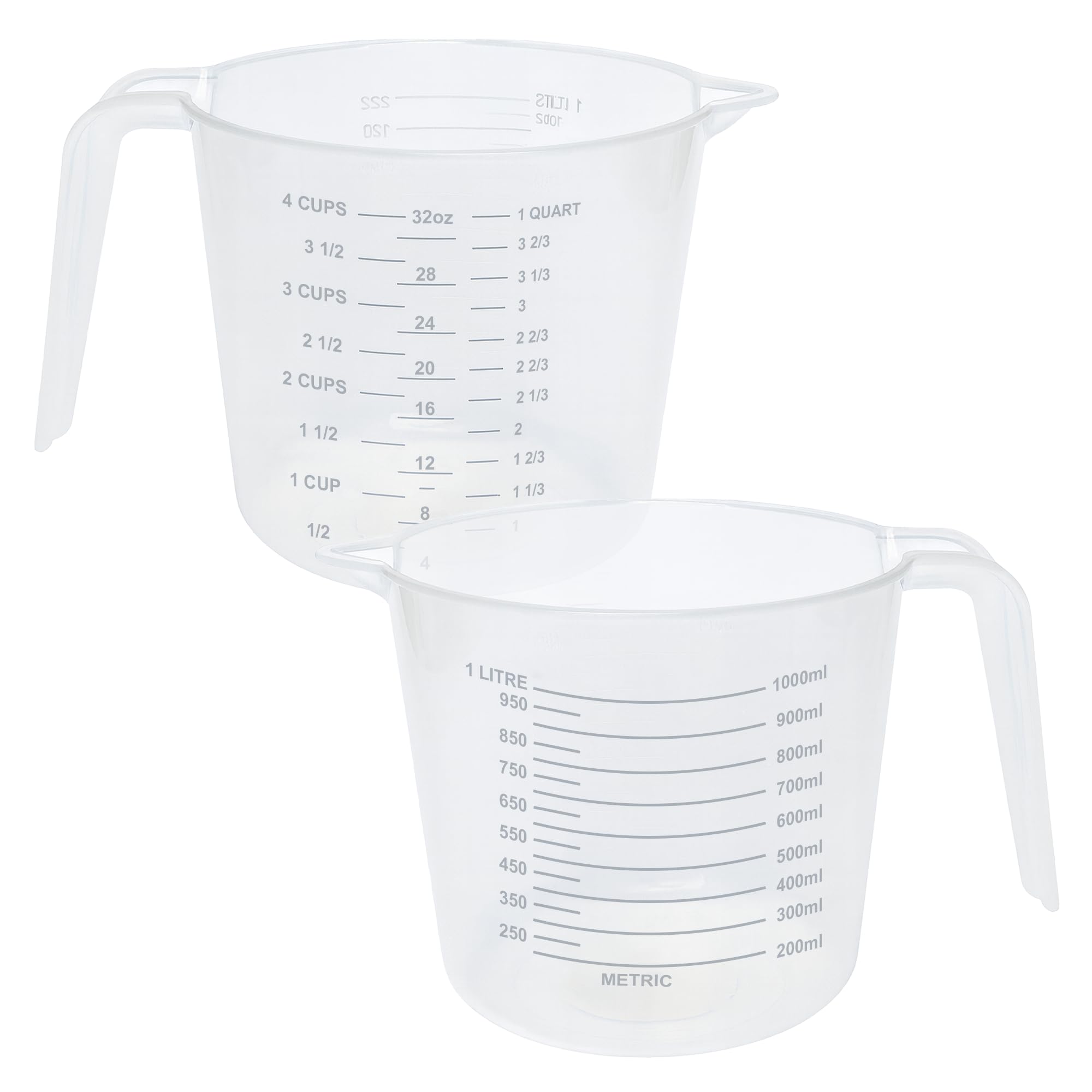 Set of 2 Plastic Lightweight 1L Measuring Jugs, Sturdy and Hardwearing, Easily Storable and Stackable, Measuring Scale Markings on The Side in ml and Ounces, BPA Free