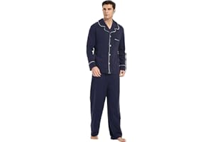 U2SKIIN Mens Cotton Pajama Set, Soft Long Sleeve Pajamas for men Lightweight Button Up Sleepwear Lounge Pjs Set with Pockets