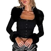 VWIWV Women Long Sleeve Crop Jacket with Faux Fur Collar Coat Outwear Lightweight Casual Jackets Clubwear
