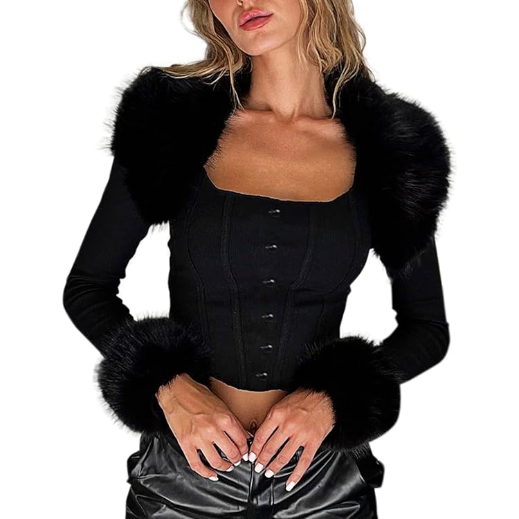 Top Bolero Femme à Manches Ballon - Col Faux Chemisier, Taille Unique, Noir/Blanc